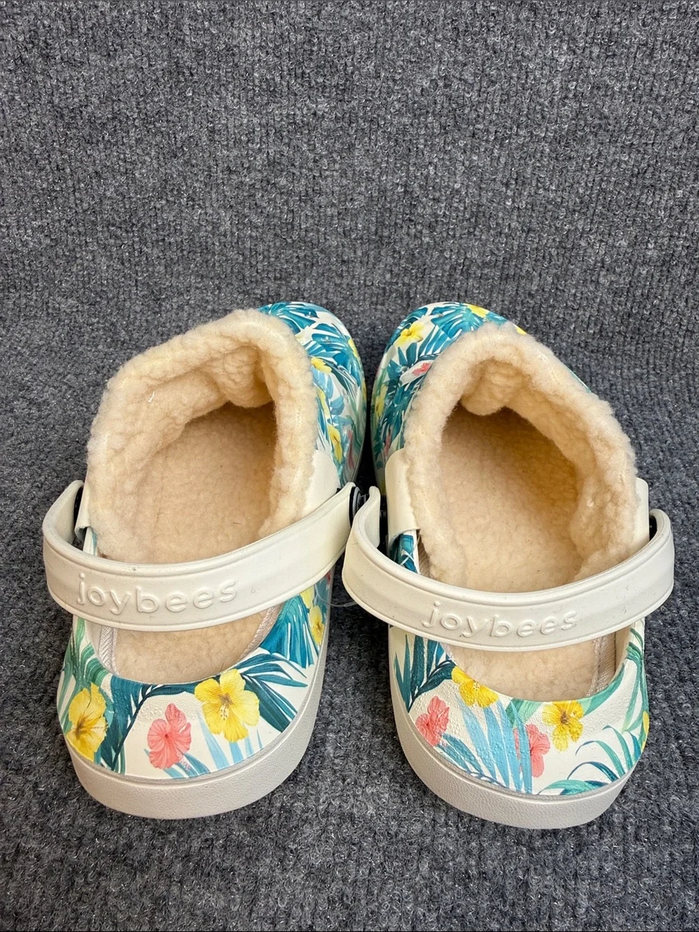 Kids Floral Fleece-Lined Slip-On Clogs - White with Teal & Yellow Child 13